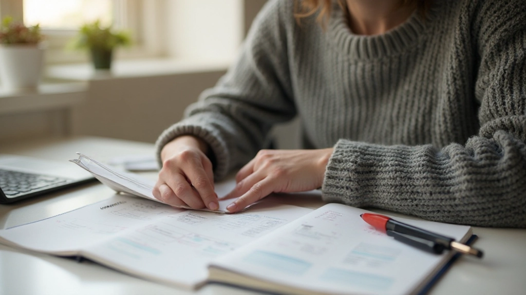Organiserad arbetsbord med anteckningsbok och planering för dagliga ekonomiska rutiner