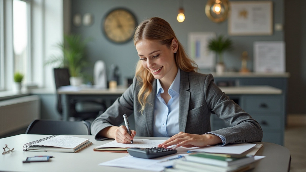 Strukturerad budget planeringsarbetsyta med anteckningsbok och penna
