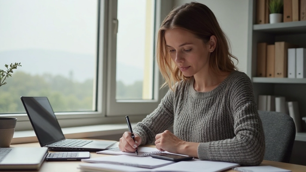 Organiserad arbetsbord med anteckningsbok och planering för dagliga ekonomiska rutiner