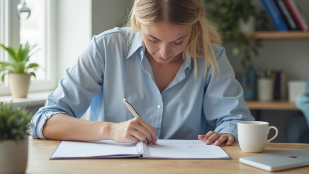 Organiserad skrivbord med anteckningar om dagliga ekonomiska rutiner och planering