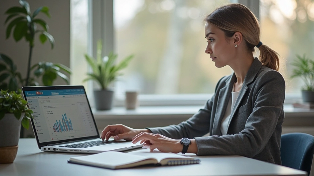 Professionell workspace med laptop som visar budgetöversikt och finansiell planering